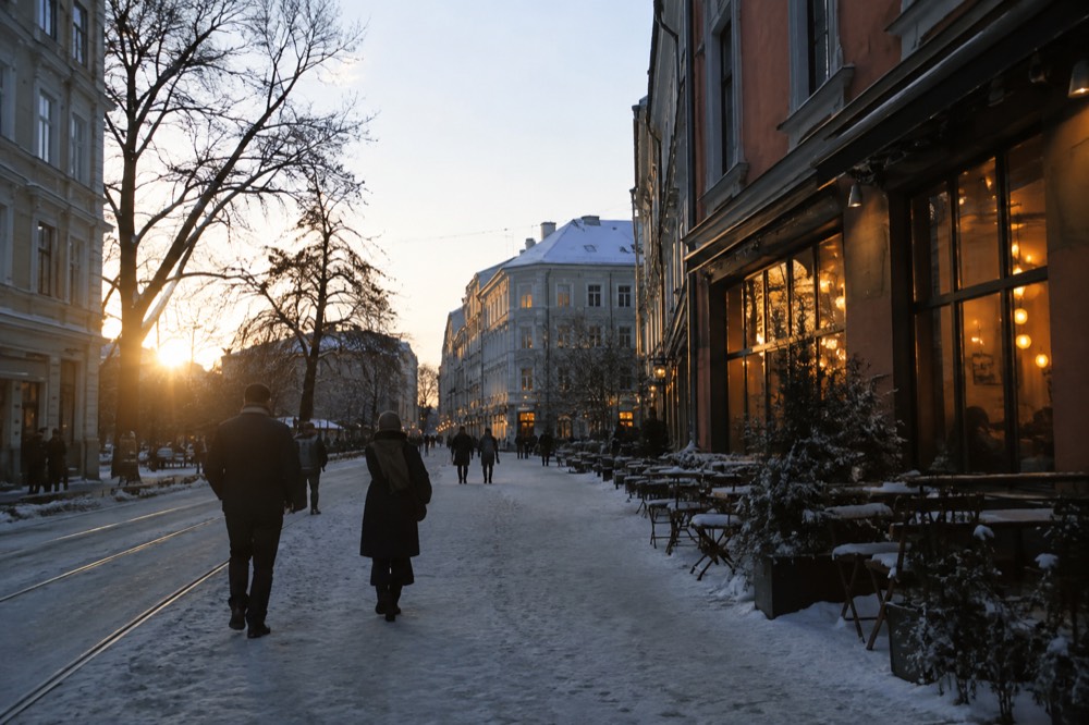 A narrow bar street in Grünerløkka lit by warm window light on a winter evening