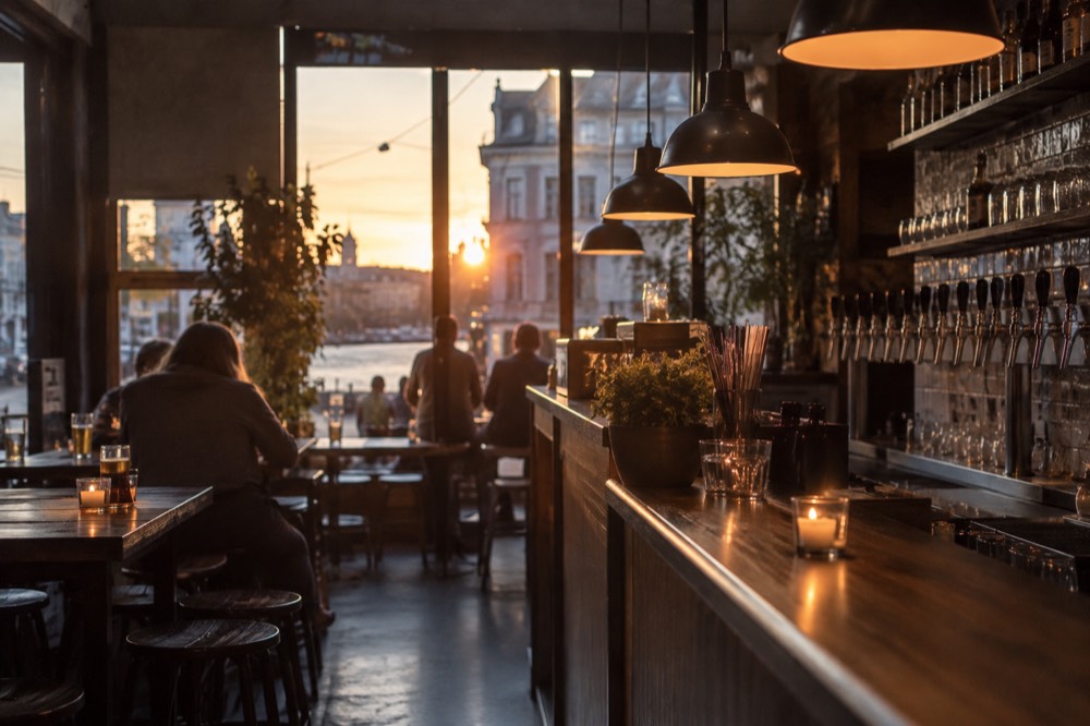 A craft beer bar interior with rows of taps and warm pendant lighting