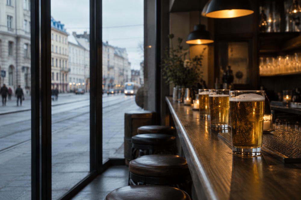 A bar counter with glasses of beer lined up under warm lighting