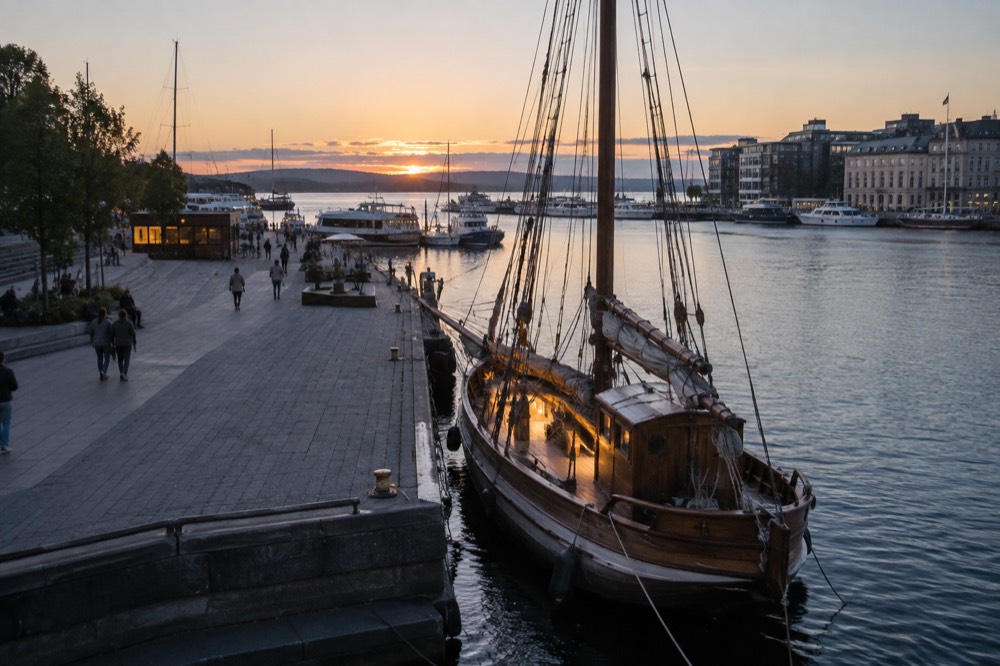 A traditional wooden boat lit by lanterns moored in the Oslofjord at dusk