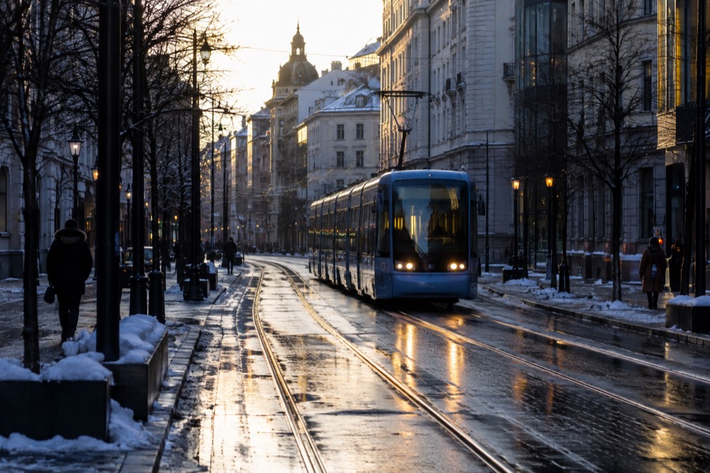 A tram moving through a wet Oslo street at night with reflections on the rails