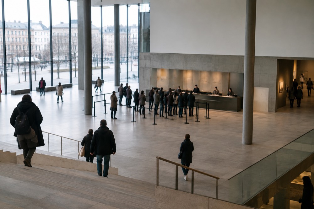 Ticket counter and museum entrance hall with queue barriers