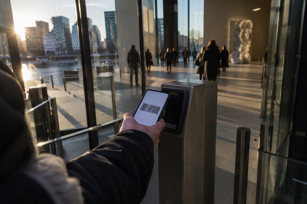 Smartphone displaying a mobile ticket barcode at a museum entrance