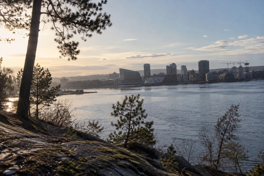Oslo skyline seen across the Oslofjord from a forested island shoreline