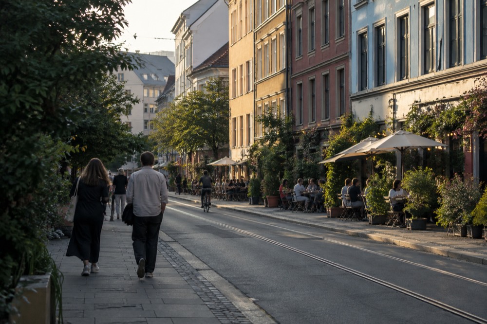 Colorful painted facades and café tables on a Grünerløkka side street