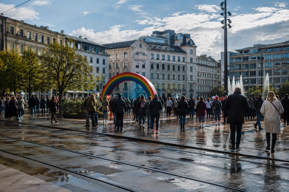 Crowds gathering in a large city square decorated with rainbow banners