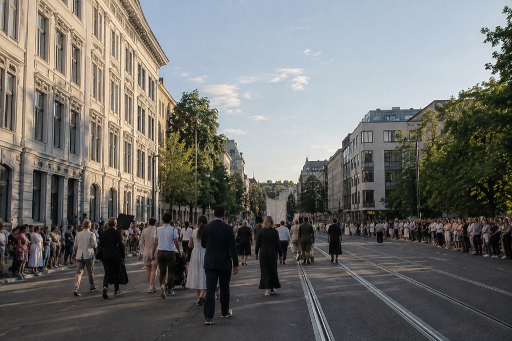 A procession moving down a wide city street lined with spectators