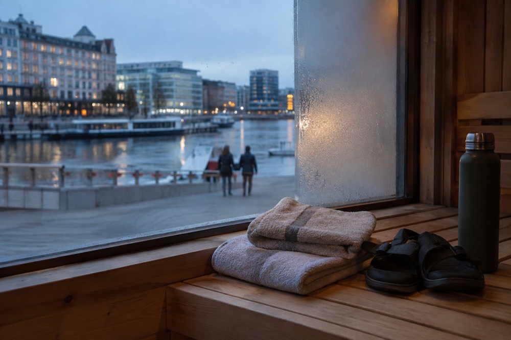 Folded towels, sandals and a water bottle on a wooden sauna bench beside a frosted window