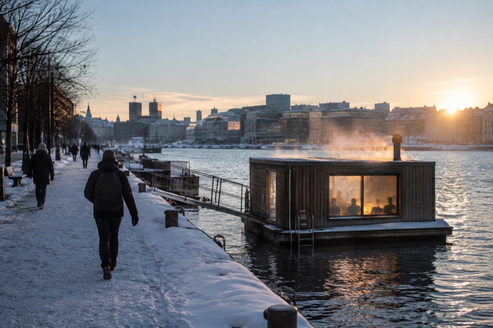 Steam rising from a floating sauna cabin with the winter city skyline behind it
