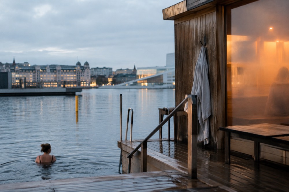 Autumn evening at a fjordside sauna with orange light on the water and steam drifting
