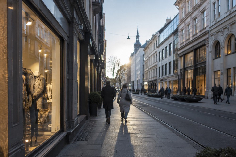 Shop fronts along a pedestrian shopping street in central Oslo on a bright day