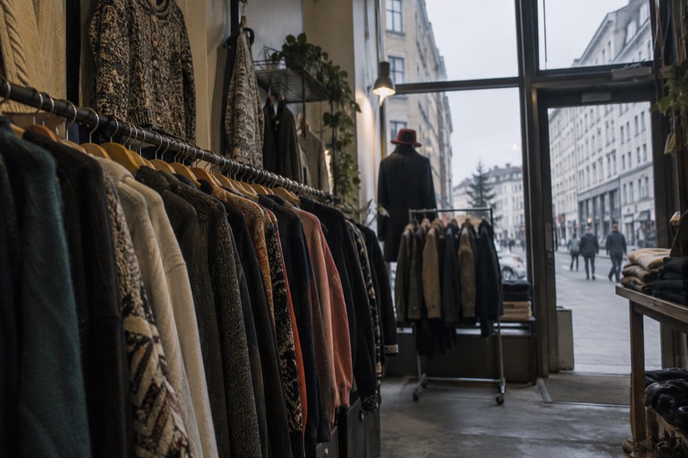 Racks of secondhand clothing inside a vintage shop