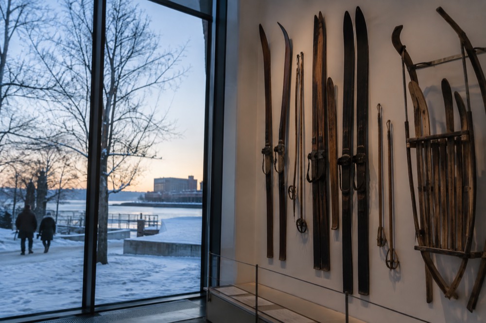 Museum gallery with historic wooden skis and sleds displayed on a wall