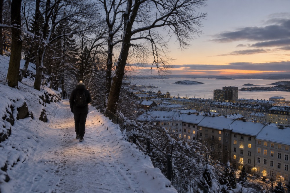 Person in winter clothing walking a snowy forest path at dusk with a headlamp glow