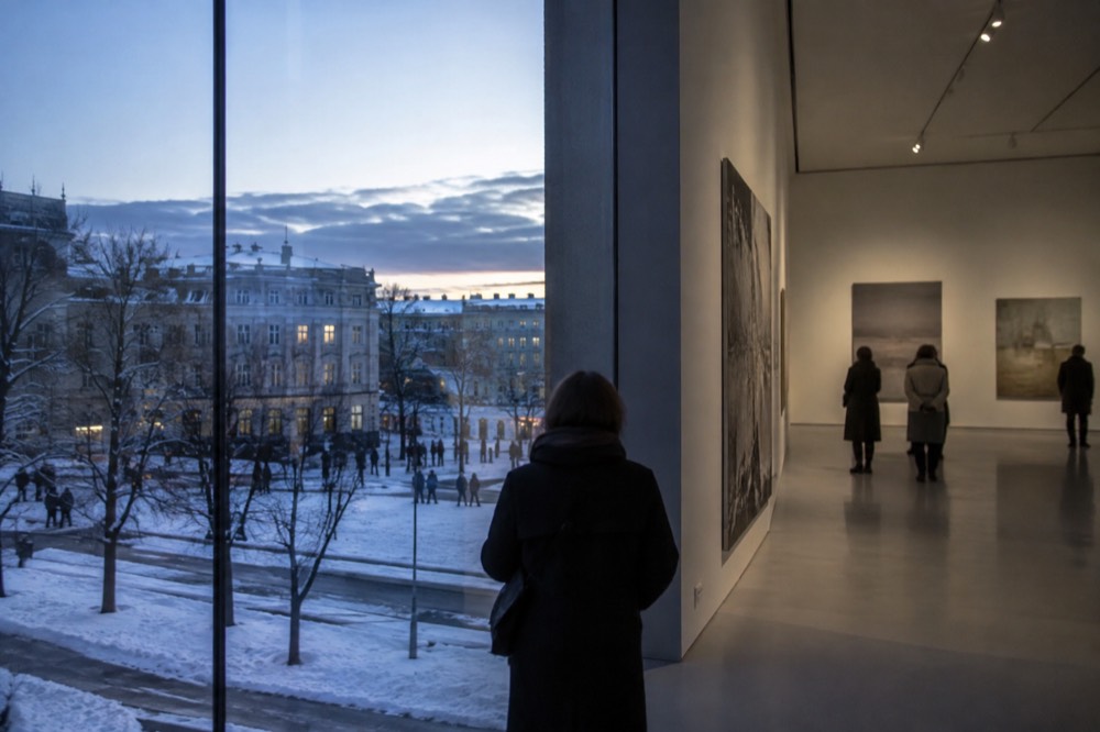 Museum gallery interior with visitors viewing exhibits on a snowy afternoon