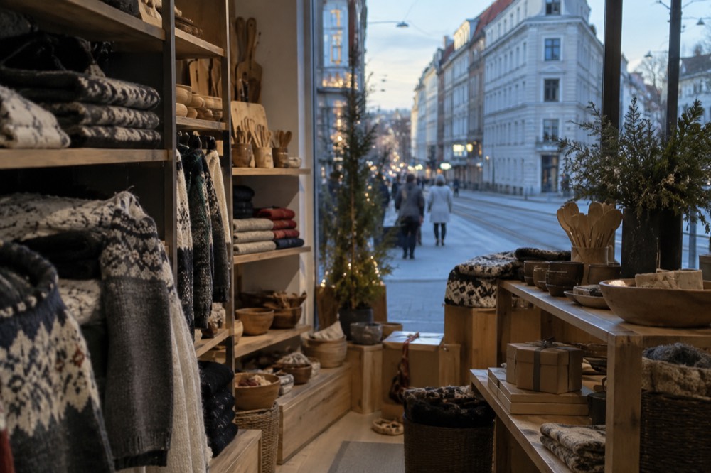 Shop shelves with Norwegian wool sweaters, wooden kitchenware, and gift boxes in an Oslo store