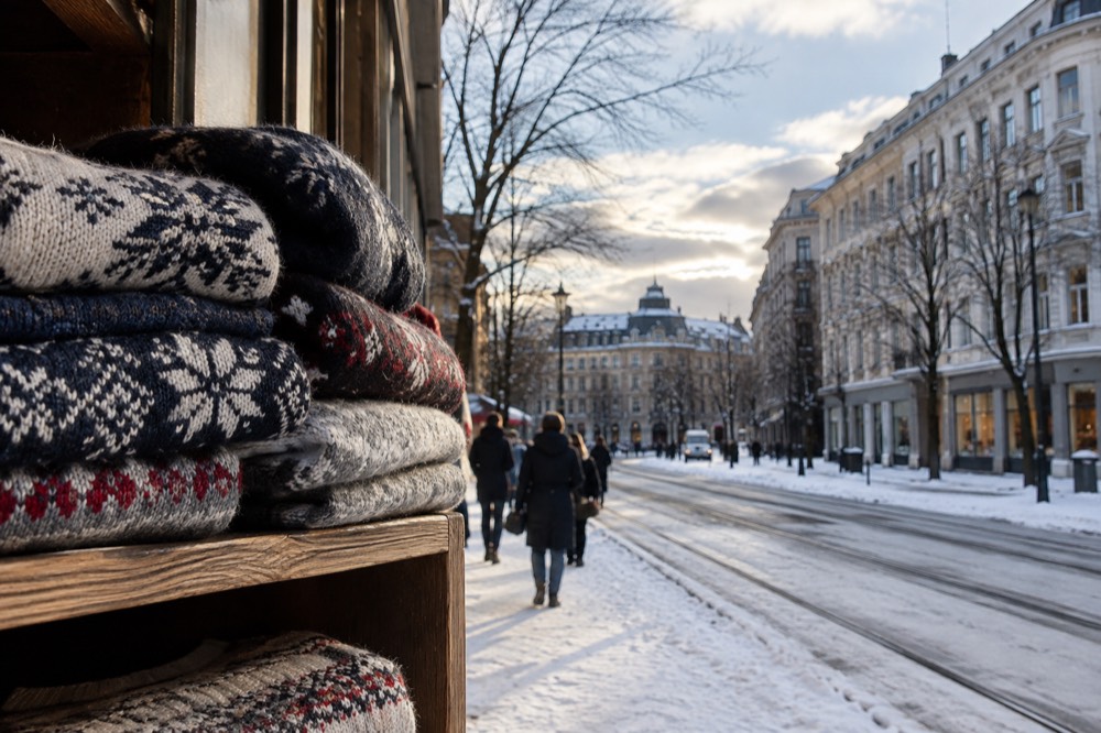 Folded Norwegian wool sweaters with traditional snowflake patterns stacked on a wooden shelf
