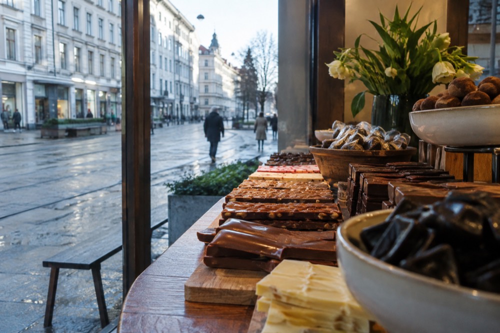 Assorted Norwegian chocolate bars and licorice arranged on a shop counter