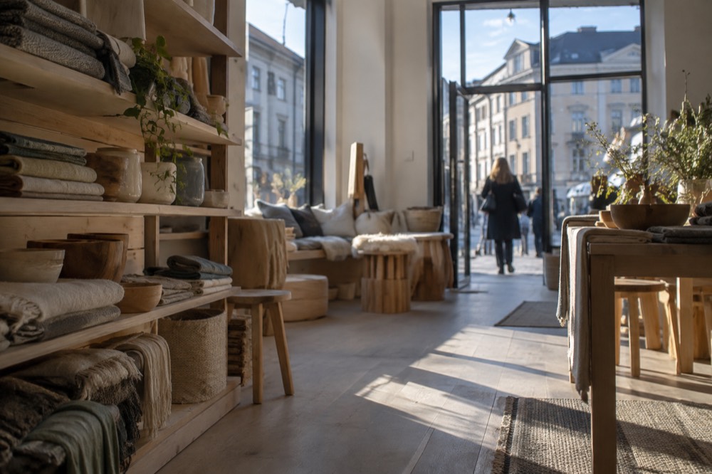 Interior of a Scandinavian design shop with ceramics, textiles, and wooden objects on light shelves