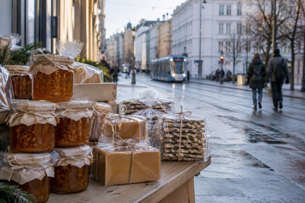 Jars of cloudberry jam, brown cheese, and crispbread packaged for gifts on a wooden table