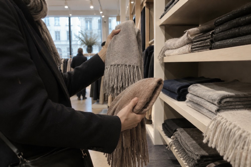 Person comparing two wool scarves on a shelf in a Norwegian clothing shop