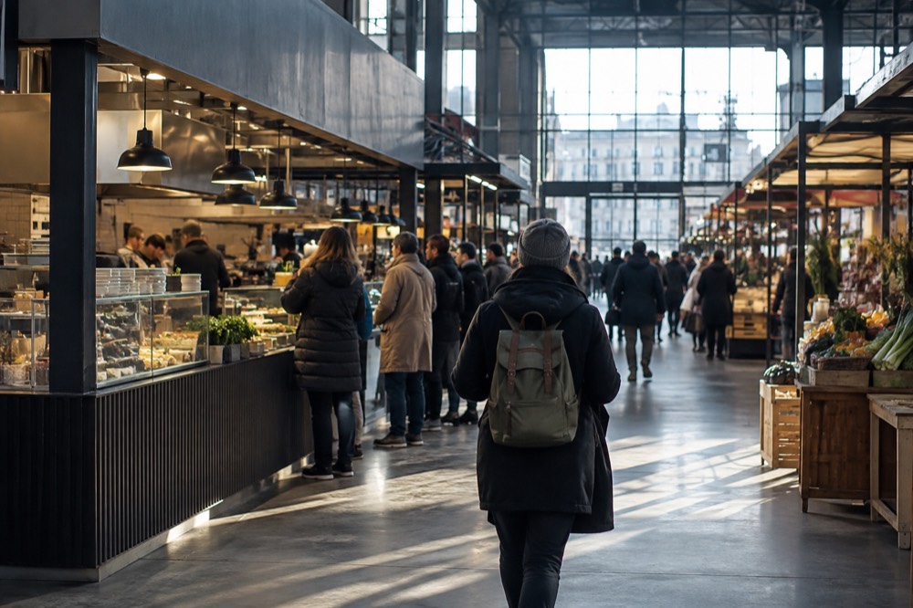 Food stalls with customers queuing inside a bright market hall in Oslo
