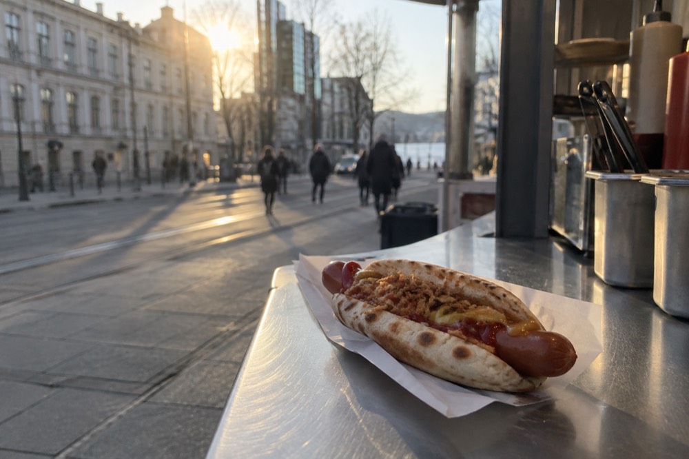 Close-up of a Norwegian hot dog with potato flatbread on a kiosk counter