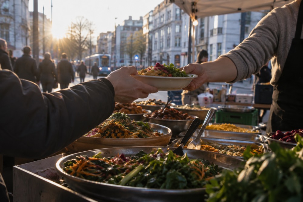 Vegetarian dish being handed across a market stall counter