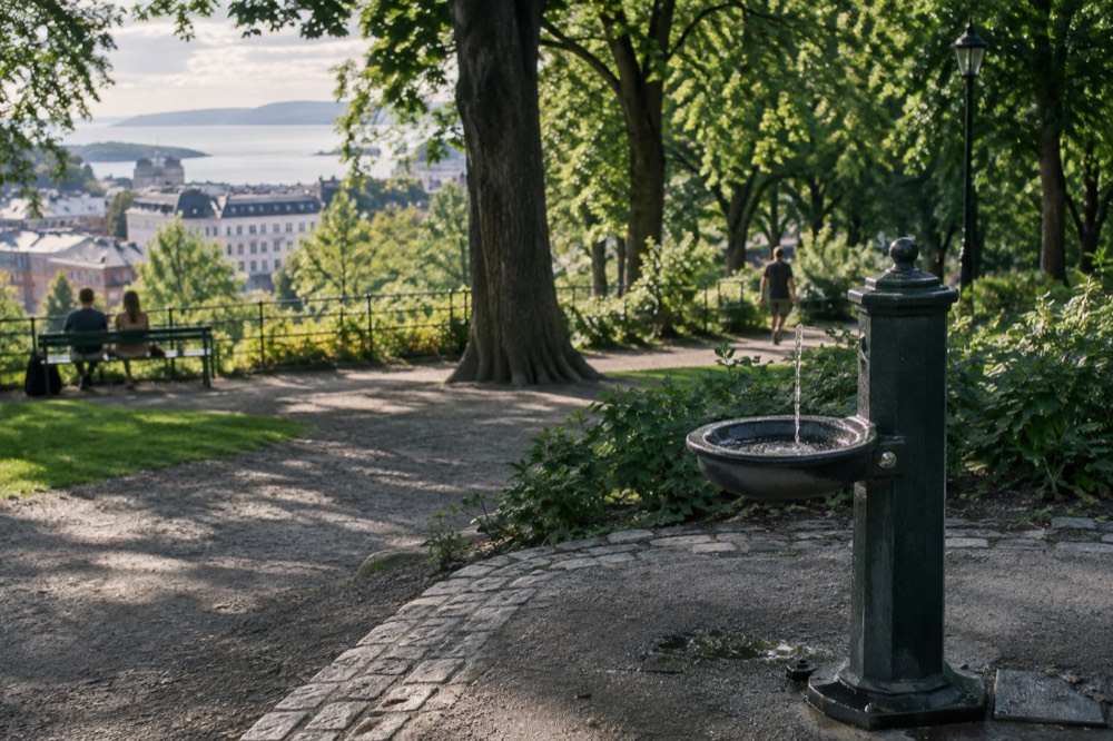 A drinking fountain in a green Oslo park on a summer day