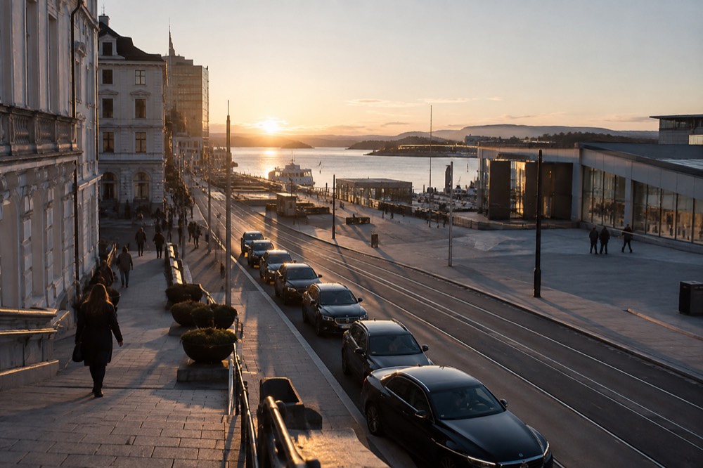 Taxi rank with cars waiting beside a modern Oslo waterfront street