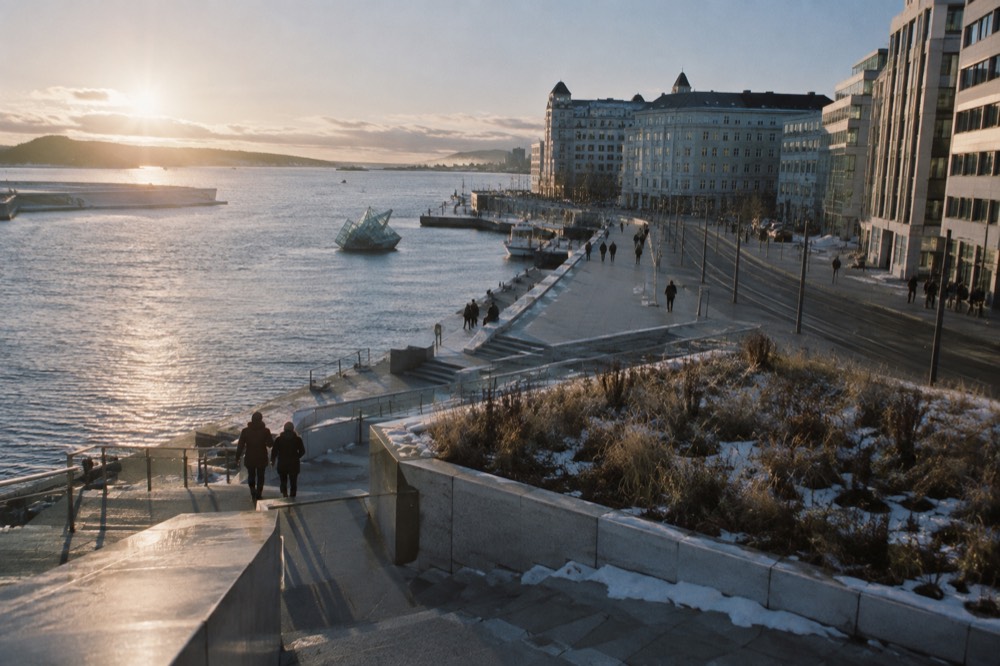 Sculpture and promenade along a Scandinavian seafront