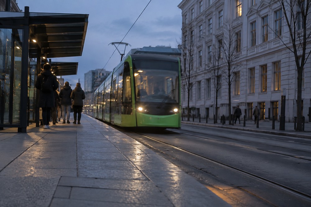 A green Oslo tram at a stop with passengers waiting under a shelter