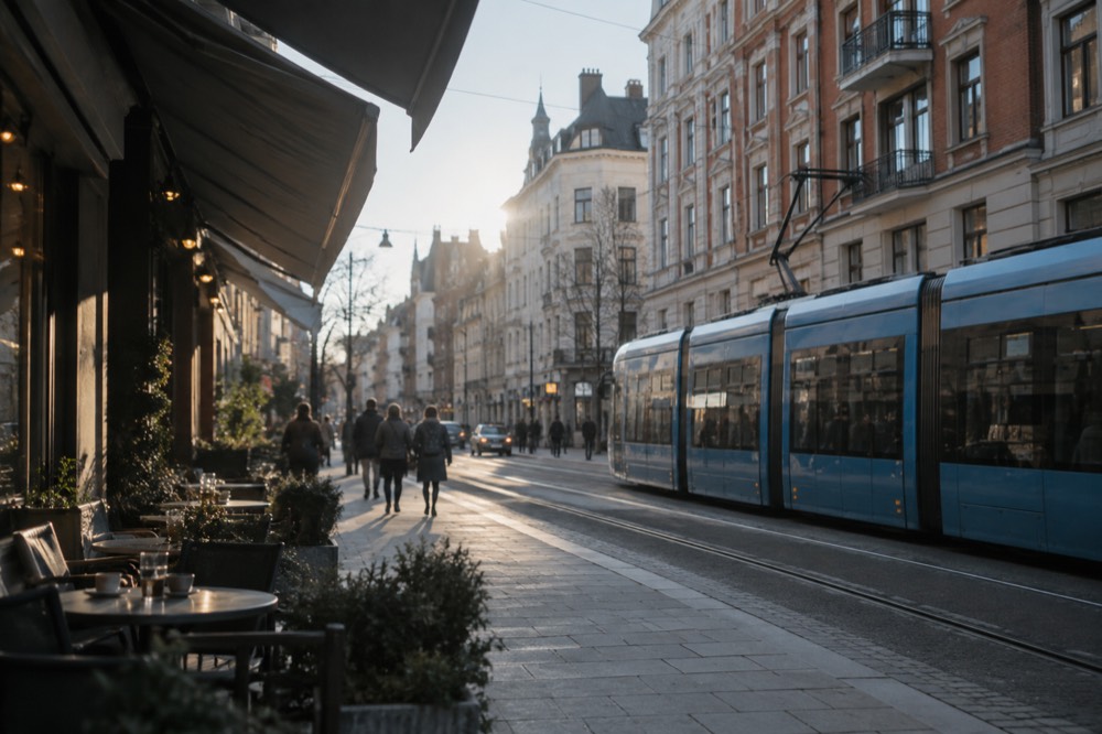 A tram on a street lined with cafes and brick apartment buildings in a central Oslo neighborhood