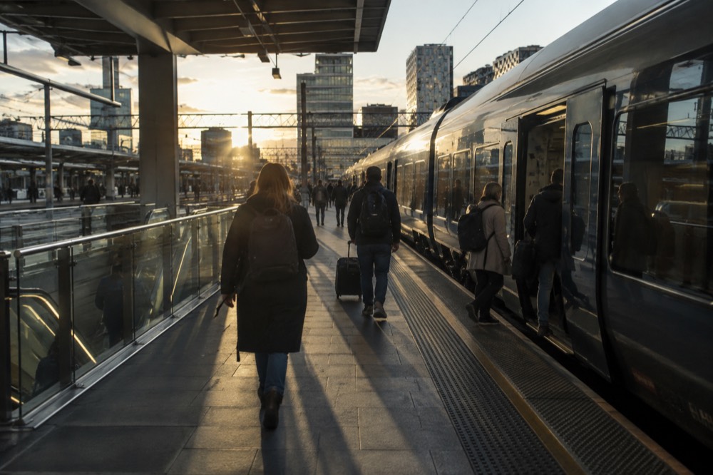 A modern train platform at Oslo Central Station with travelers boarding