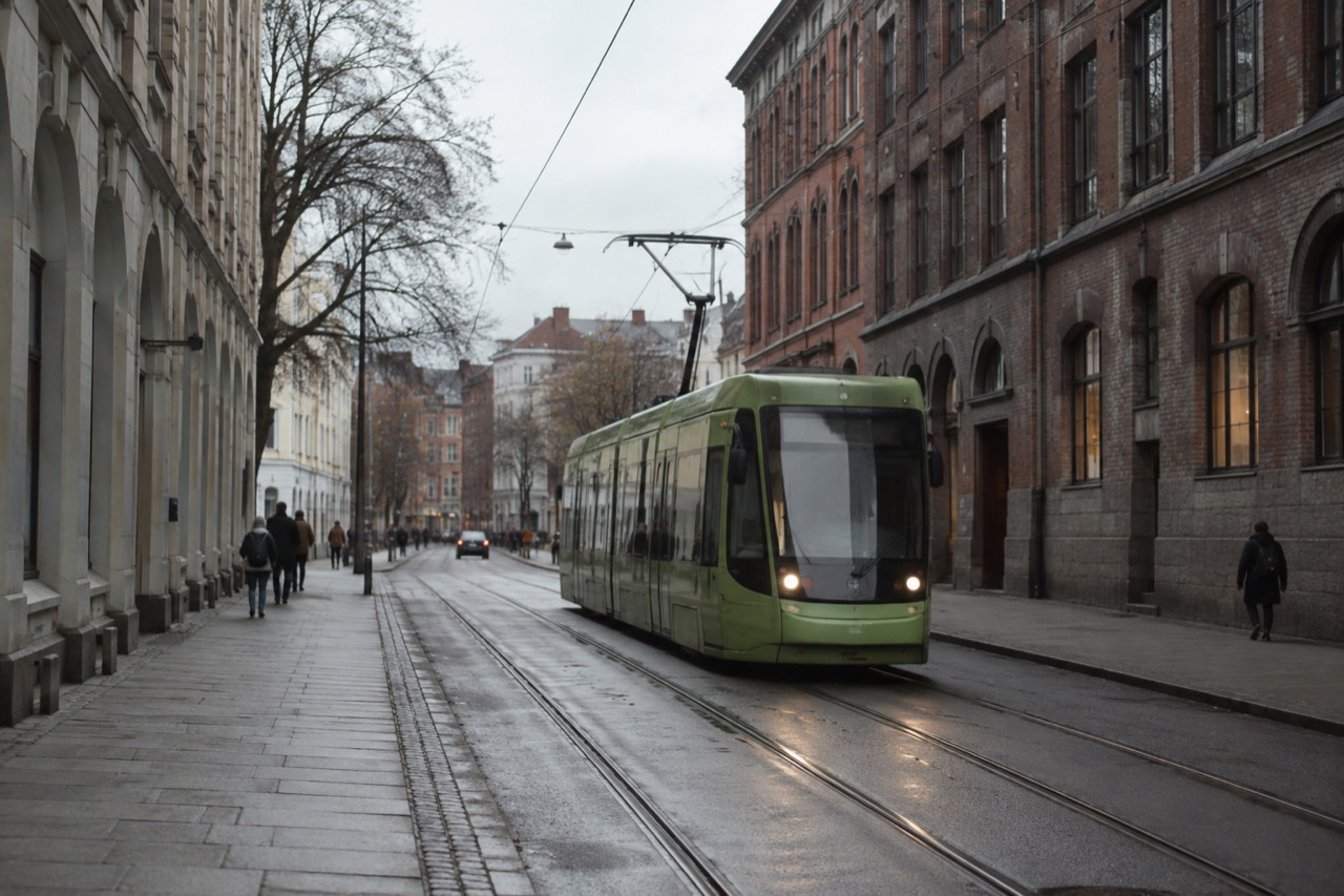 A green Oslo tram traveling along a city street with brick buildings on either side