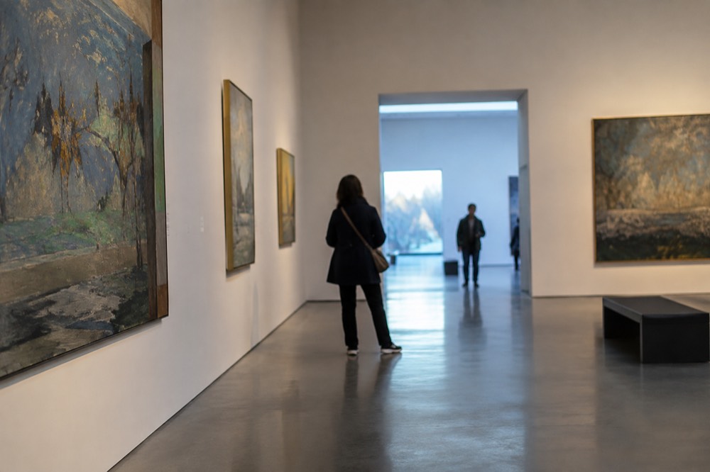 Gallery hall with large paintings and visitors in a Nordic art museum