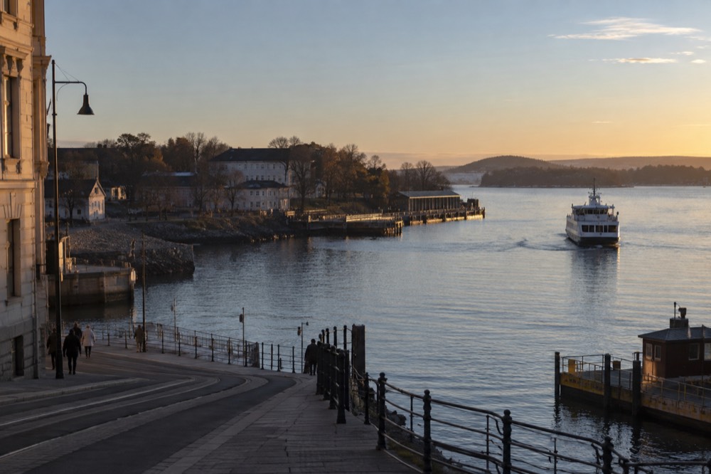 Ferry approaching a wooden pier with museum buildings behind trees