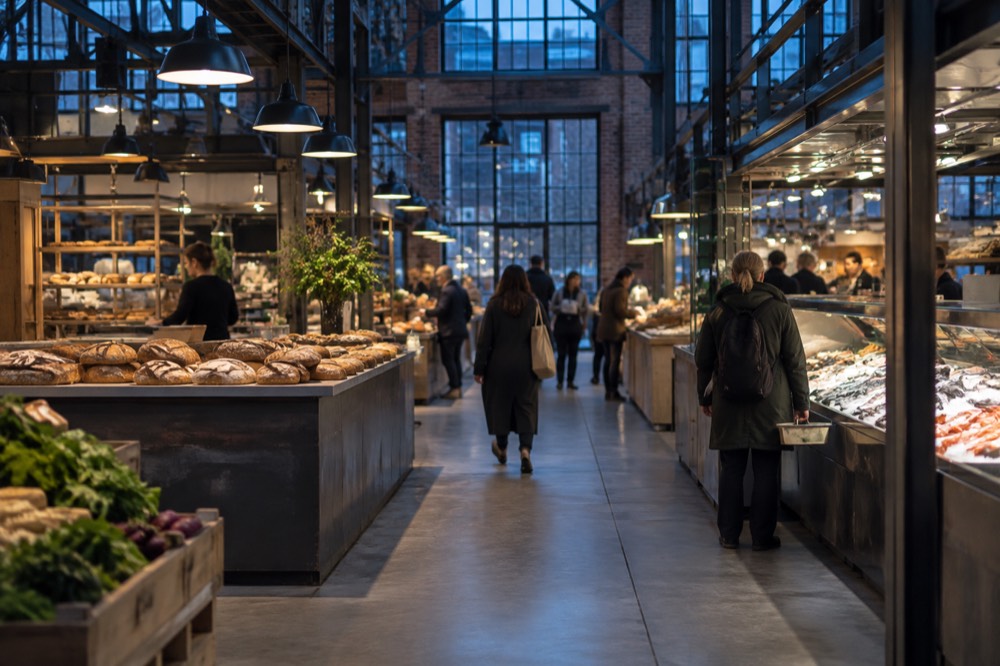 Food hall counters with bread, seafood and customers holding trays