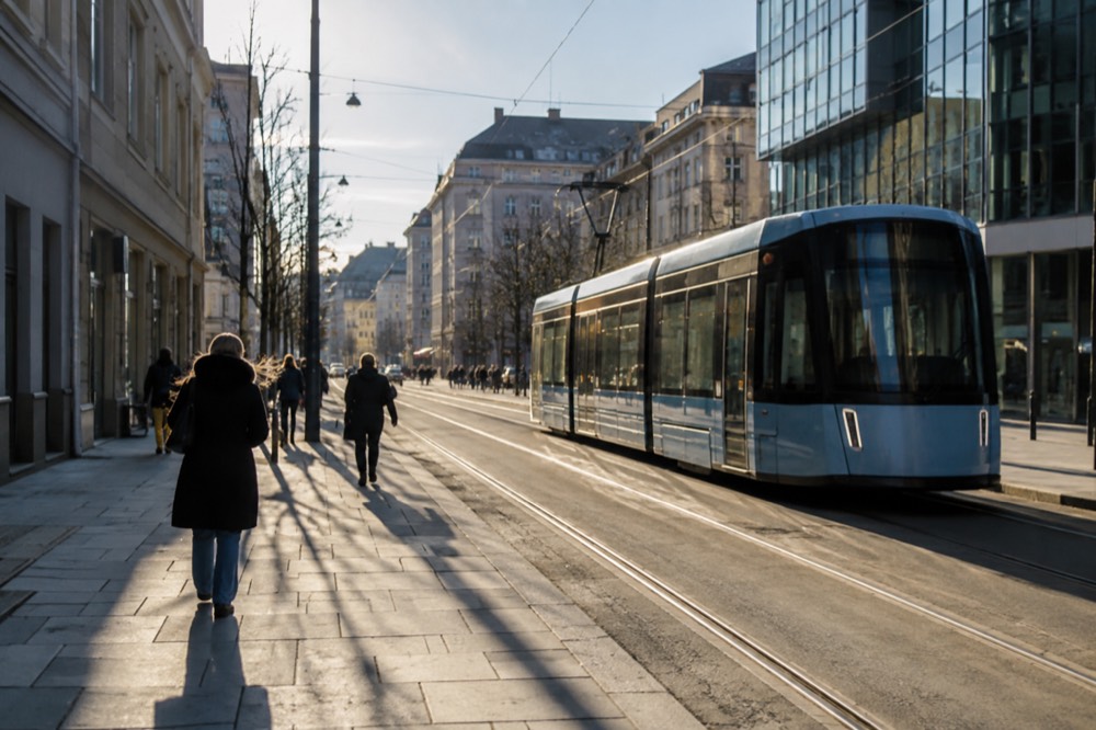 Modern tram moving along a city street with pedestrians