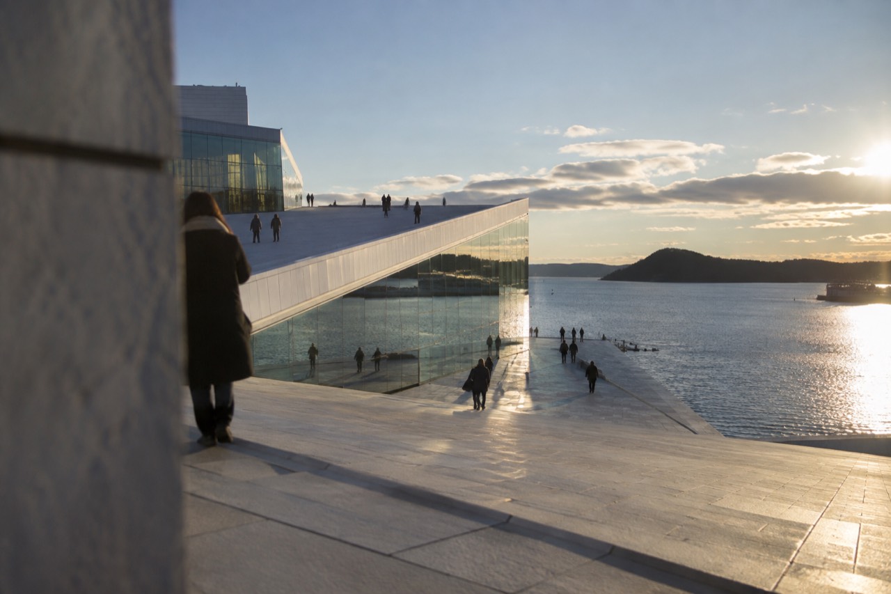 Oslo city center with the opera house roof and fjord water on a clear day
