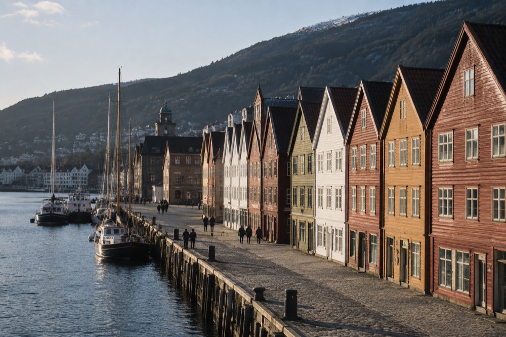 Wooden Hanseatic buildings along the Bryggen wharf in Bergen