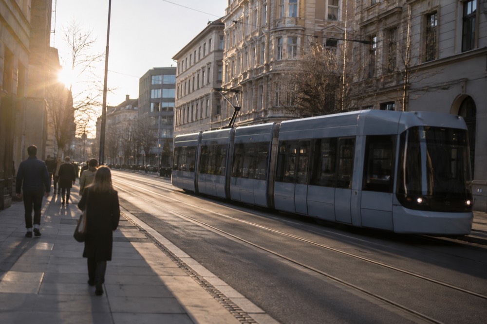 Modern tram moving along a street lined with stone buildings in a Nordic city center