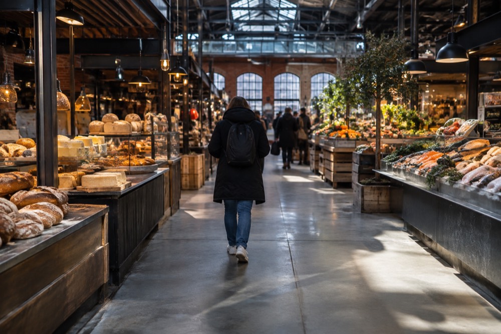 Food hall counters with bread, cheese and seafood displayed under warm lighting