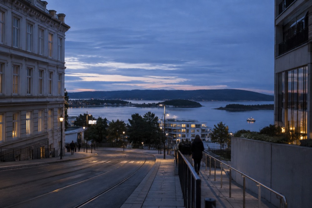 Small green islands scattered across a calm fjord with forested shoreline beyond