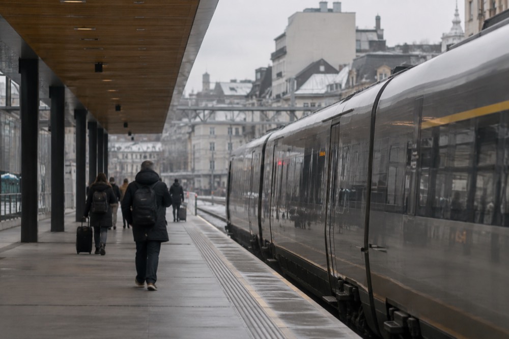 Modern airport train platform with a sleek express train waiting at a station