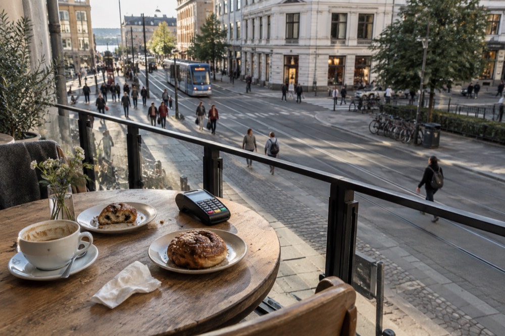 A coffee table with pastries and a card terminal on a wooden cafe floor