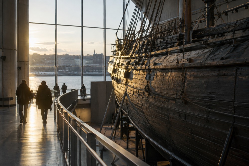 A museum hall with a large wooden expedition ship hull displayed beside walkways