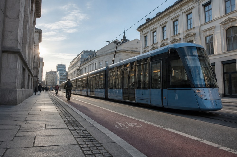 A modern tram moving along a street with stone buildings and a bike lane