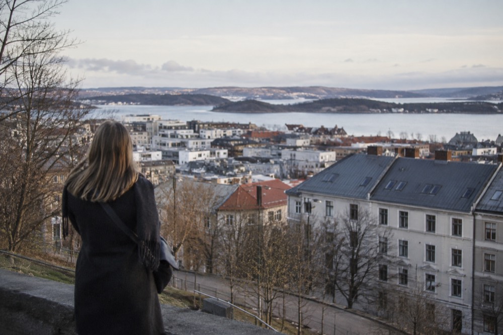 A spring view over Oslo rooftops with bare trees and bright sky