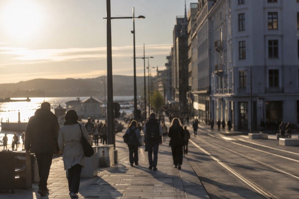 People walking along an Oslo waterfront street on a mild evening